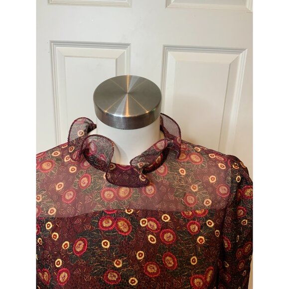 Saloni Dotty Ruffled Printed Silk Burgundy Mini Dress $650 Size 8 - Picture 3 of 7